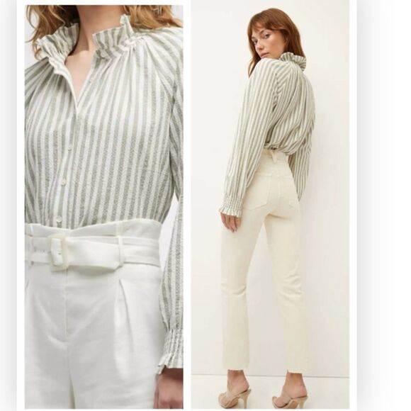 Veronica Beard NWT Calisto Green & Cream Striped Ruffle Collar Shirt $298 - Picture 1 of 12